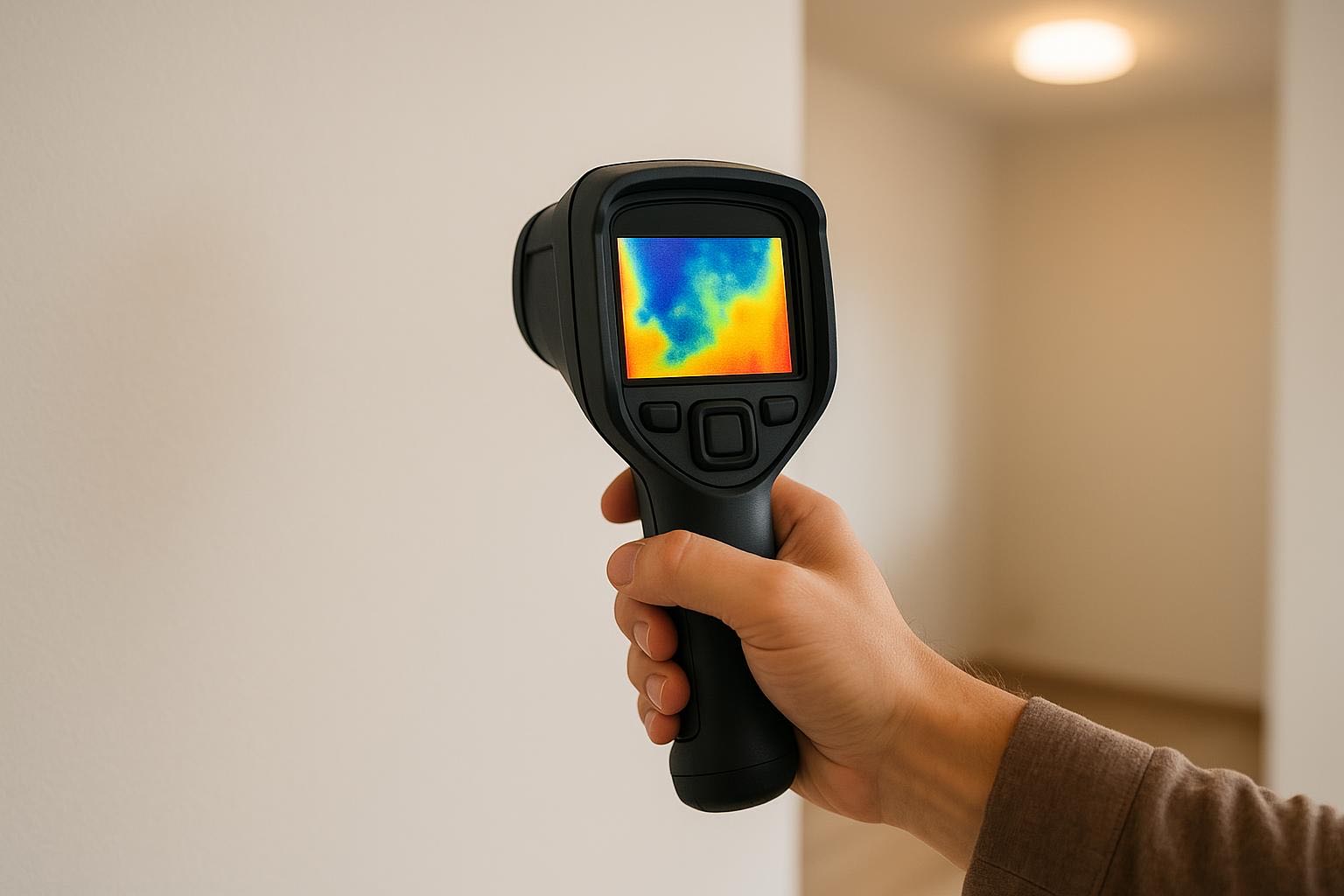 Person using thermal imaging camera to inspect apartment wall, infrared